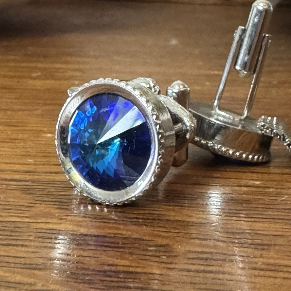 Vintage Blue Rhinestone Mesh Wrap Cufflinks Retro Silver Tone Formal Wear